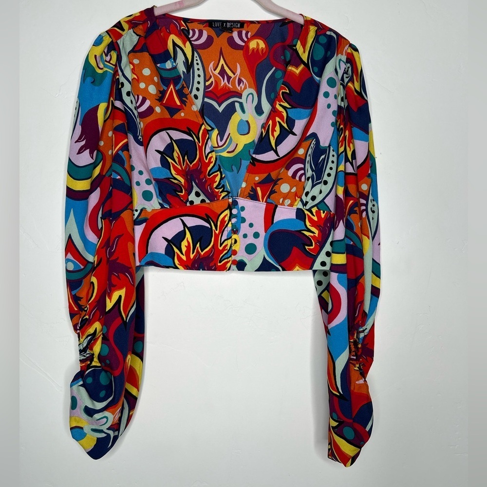 Love X Design Colorful Abstract Cropped Blouse Deep V Puff Sleeves Size Large